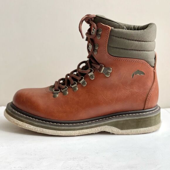 Simms Freestone Fly Fishing Boots Brown Leather Felt Cleat Soles Mens Size 7 - Picture 1 of 10